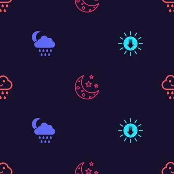 Set Sunset, Cloud with rain and moon, Moon stars and on seamless pattern. Vector Stockillustratie