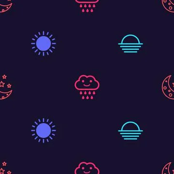 Set Sunset, , Cloud with rain and Moon and stars on seamless pattern. Vector Stockillustratie