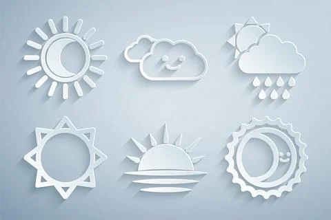 Set Sunset, Cloud with rain and sun, Eclipse of the, and icon. Vector イラスト素材