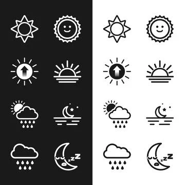 Set Sunset, Cloud with rain and sun, Moon stars, icon and icon. Vector イラスト素材