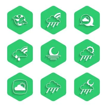 Set Sunset, Cloud with rain, and moon, sun, Weather forecast, Rainbow cloud Stock Illustration