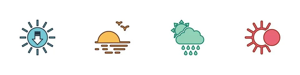 Set Sunset, , Cloud with rain and sun and Eclipse of the icon. Vector Stock Illustration