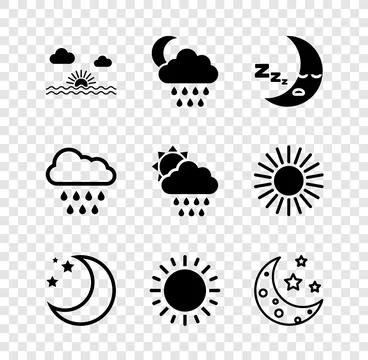 Set Sunset, Cloud with rain and moon, Moon icon, stars,  and sun icon. Vector Illustrazione stock