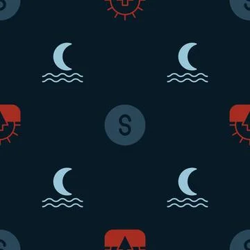 Set Sunset, Compass south and Night fog or smoke on seamless pattern. Vector Illustrazione stock