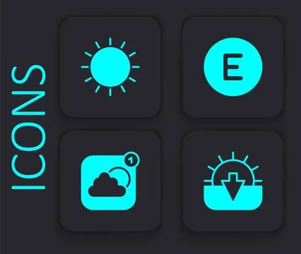 Set Sunset, Compass west and Weather forecast app icon. Black square button.  Stock Illustration