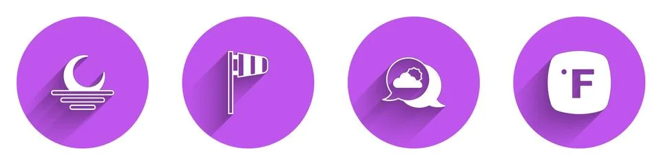 Set Sunset, Cone windsock wind vane, Location cloud and Fahrenheit icon with Stock Illustration