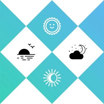 Set Sunset, Eclipse of the sun, and Cloud with moon and stars icon. Vector Ilustração Stock