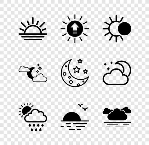 Set Sunset, Eclipse of the sun, Cloud with rain and, moon stars and Moon icon Ilustração Stock