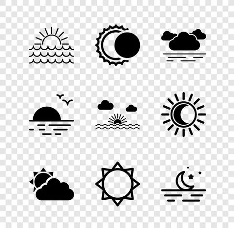 Set Sunset, Eclipse of the sun, Cloud, and cloud weather, Moon stars, and icon Ilustração Stock