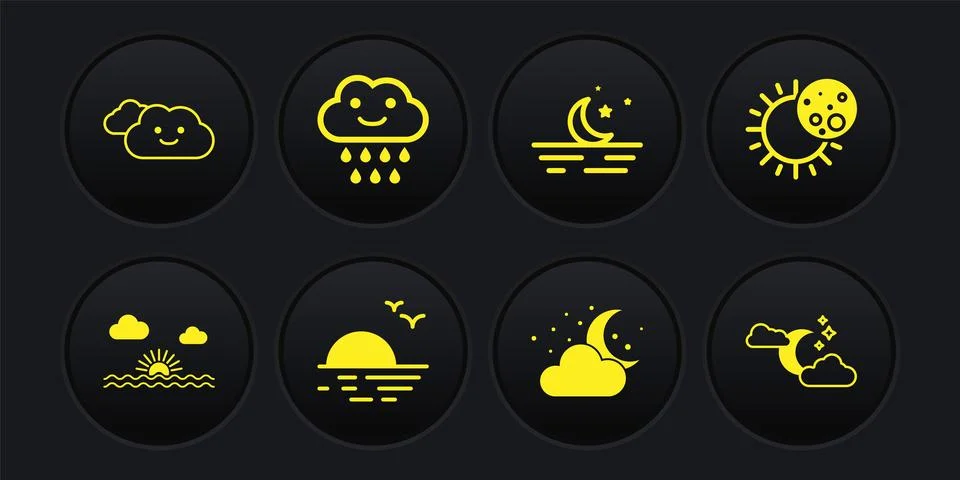 Set Sunset, Eclipse of the sun, Cloud with moon and stars, Moon, rain, and icon Ilustração Stock