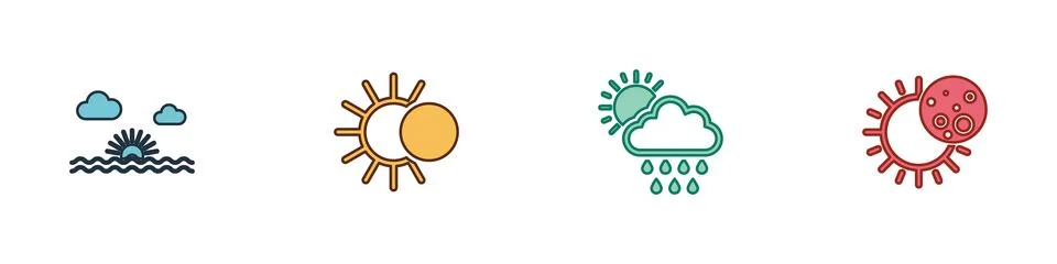 Set Sunset, Eclipse of the sun, Cloud with rain and and  icon. Vector Stockillustratie