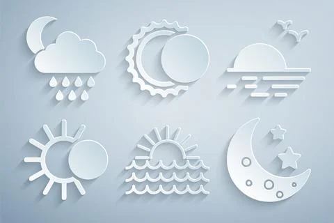 Set Sunset, Eclipse of the sun, Moon and stars, and Cloud with rain moon icon Ilustração Stock