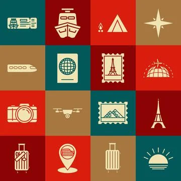 Set Sunset, Eiffel tower, Globe with flying plane, Tourist tent wood fire 스톡 일러스트