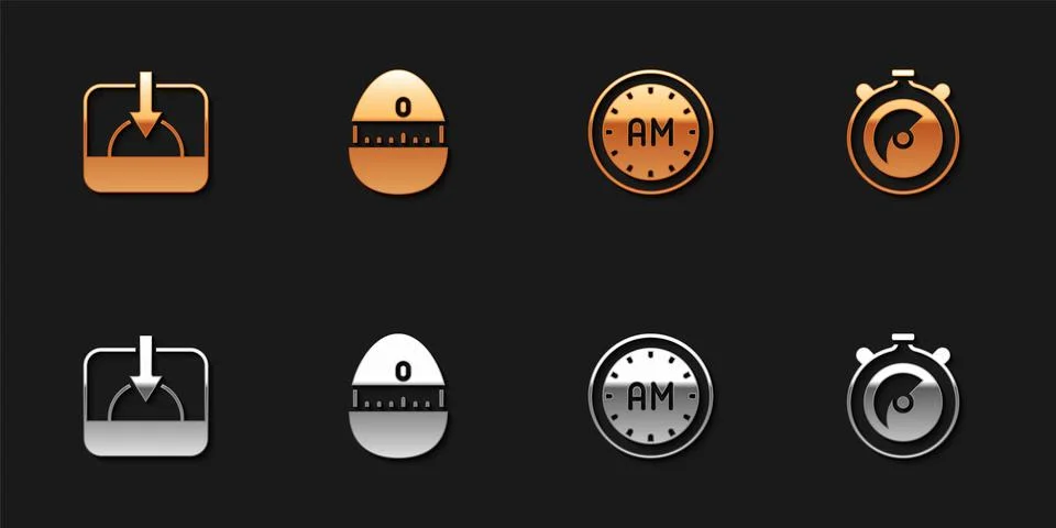 Set Sunset, Kitchen timer, Morning and Stopwatch icon. Vector Stock Illustration