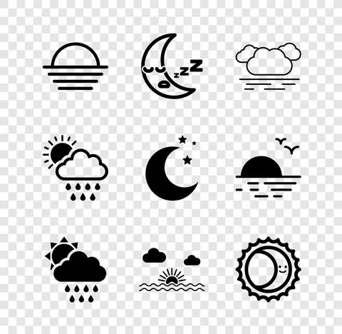 Set Sunset, Moon icon, Cloud, with rain and sun, Eclipse of the, and stars icon Ilustração Stock