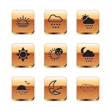 Set Sunset, Moon icon, Eclipse of the sun, Cloud with rain and, and icon. Vector Illustrazione stock