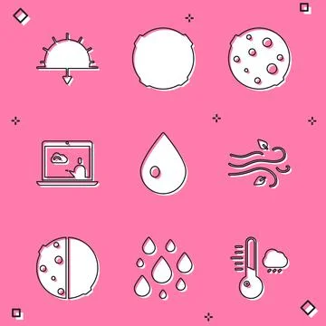 Set Sunset, Moon, Weather forecast, Water drop, Wind, Eclipse of sun and icon 스톡 일러스트