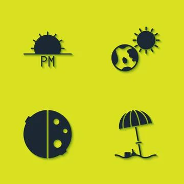 Set Sunset, protective umbrella for beach, Eclipse of the sun and Earth globe 스톡 일러스트