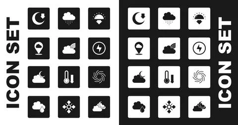 Set Sunset, Rainbow with clouds, Location, Moon, Lightning bolt, Cloud rain Illustrazione stock