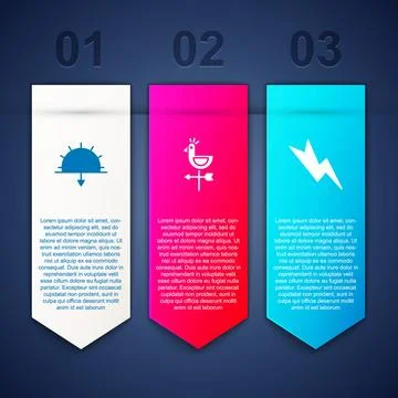 Set Sunset, Rooster weather vane and Lightning bolt. Business infographic tem Stock Illustration