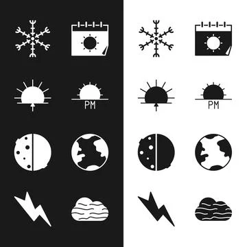 Set Sunset, Sunrise, Snowflake, Calendar and sun, Eclipse of the, Earth glo.. Stock Illustration