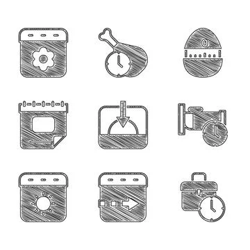 Set Sunset, Time flies on the clock, Work time, to sleep, Calendar summer Stock Illustration