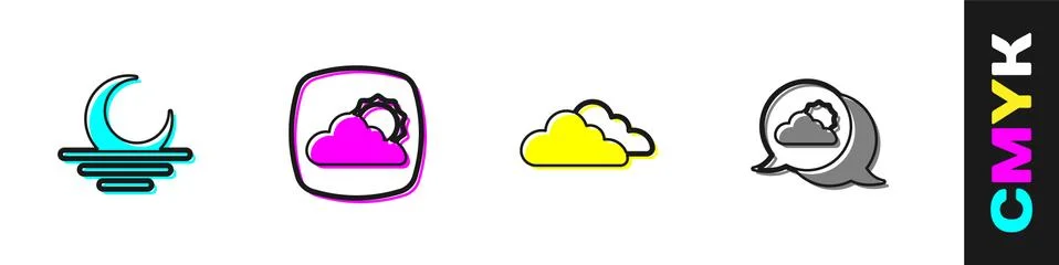 Set Sunset, Weather forecast, Cloud and Location cloud icon. Vector Stock Illustration