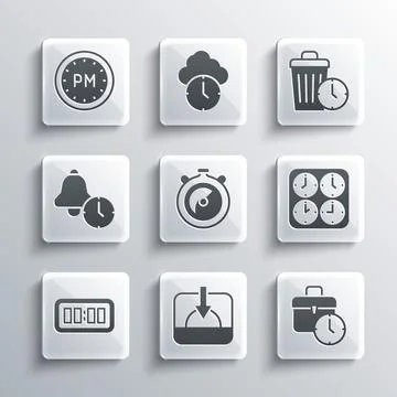 Set Sunset, Work time, Time zone clocks, Stopwatch, Digital alarm, Alarm, Day Stock Illustration