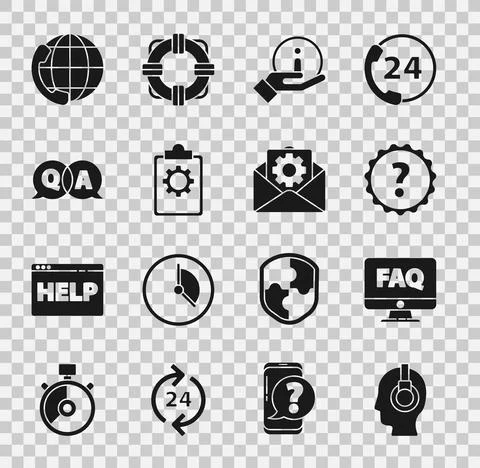 Set Support operator in touch, Computer monitor and FAQ, Question mark, Infor Stock Illustration