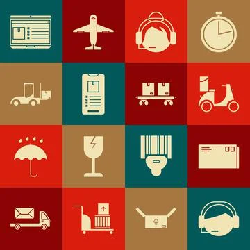 Set Support operator in touch, Envelope, Scooter delivery, Mobile phone with app Illustrazione stock