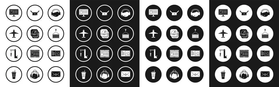 Set Support operator in touch, Pizza cardboard box, Plane, Computer monitor with Illustrazione stock