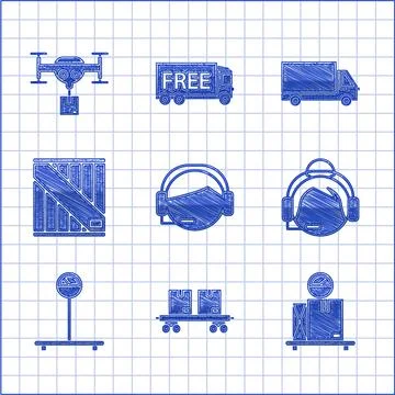 Set Support operator in touch, Railway carriage, Scale with cardboard box 스톡 일러스트