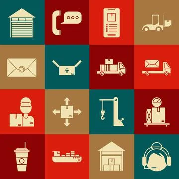 Set Support operator in touch, Scale with cardboard box, Post truck, Mobile Stockillustratie