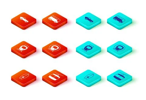 Set Surfboard, Cable car, Tram and railway, Train, Bus and Car icon. Vector Stock Illustration