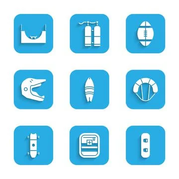 Set Surfboard, First aid kit, Snowboard, Parachute, Longboard or skateboard Stock Illustration