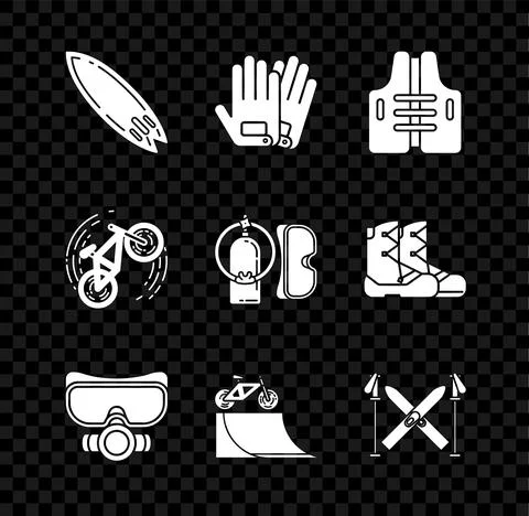Set Surfboard, Gloves, Life jacket, Diving mask, Bicycle on street ramp, Ski and Illustrazione stock