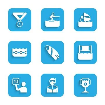 Set Surfboard, Wetsuit for scuba diving, Award cup, Water volleyball net Stock Illustration