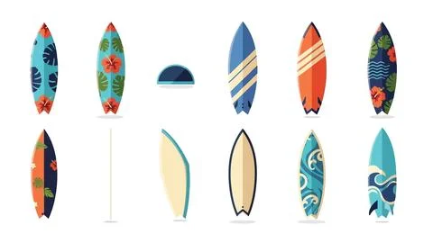 Set of surfboards with different prints and colors for summer holidays and .. 库存插图