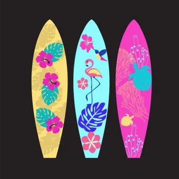 Set of Surfboards isolated on black background. Stock Illustration