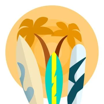 Set of Surfboards on a Orange Background with Palm Trees and Sun Stock Illustration