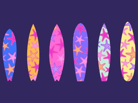 Set of surfboards with a pattern of starfish. Print surfboards isolated on wh 스톡 일러스트