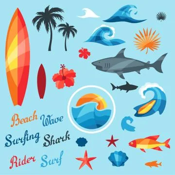 Set of surfing design elements and objects Stock Illustration