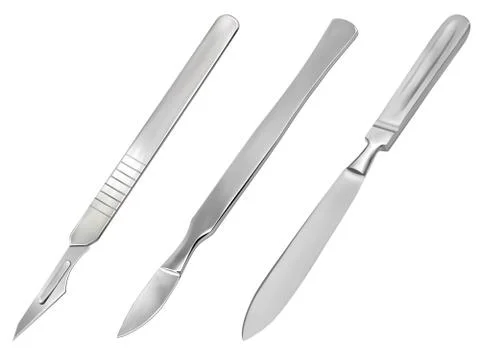 A set of surgical cutting tools. Reusable all-metal scalpel, delicate pointed Stock Illustration