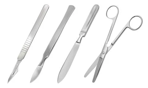 A set of surgical cutting tools. Reusable all-metal scalpel, delicate pointed Stock Illustration