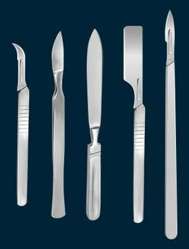 Set of surgical cutting tools. Reusable all-metal scalpel, scalpels with Stock Illustration