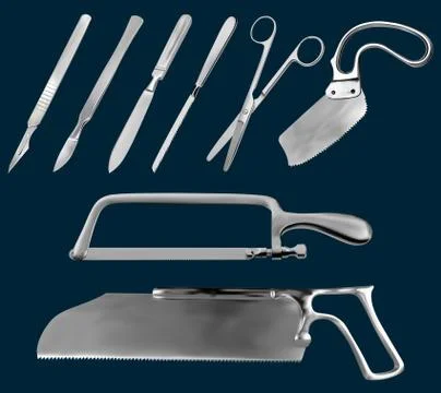 Set of surgical cutting tools. Reusable scalpels, Liston amputation knife Stock Illustration