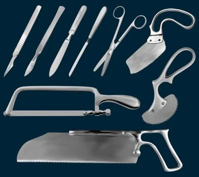 Set of surgical cutting tools. Reusable scalpels, Liston amputation knife Stock Illustration