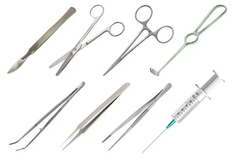Set of surgical instruments. Different types of tweezers, all-metal reusable Stock Illustration