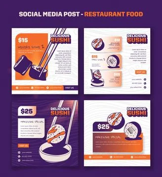 Set of Sushi banner post template with maki sushi hand drawn in purple and .. Stock Illustration