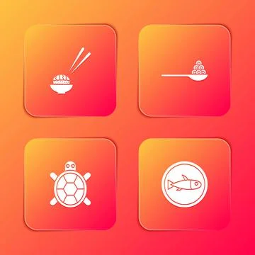 Set Sushi, Caviar on a spoon, Turtle and Served fish plate icon. Vector 스톡 일러스트